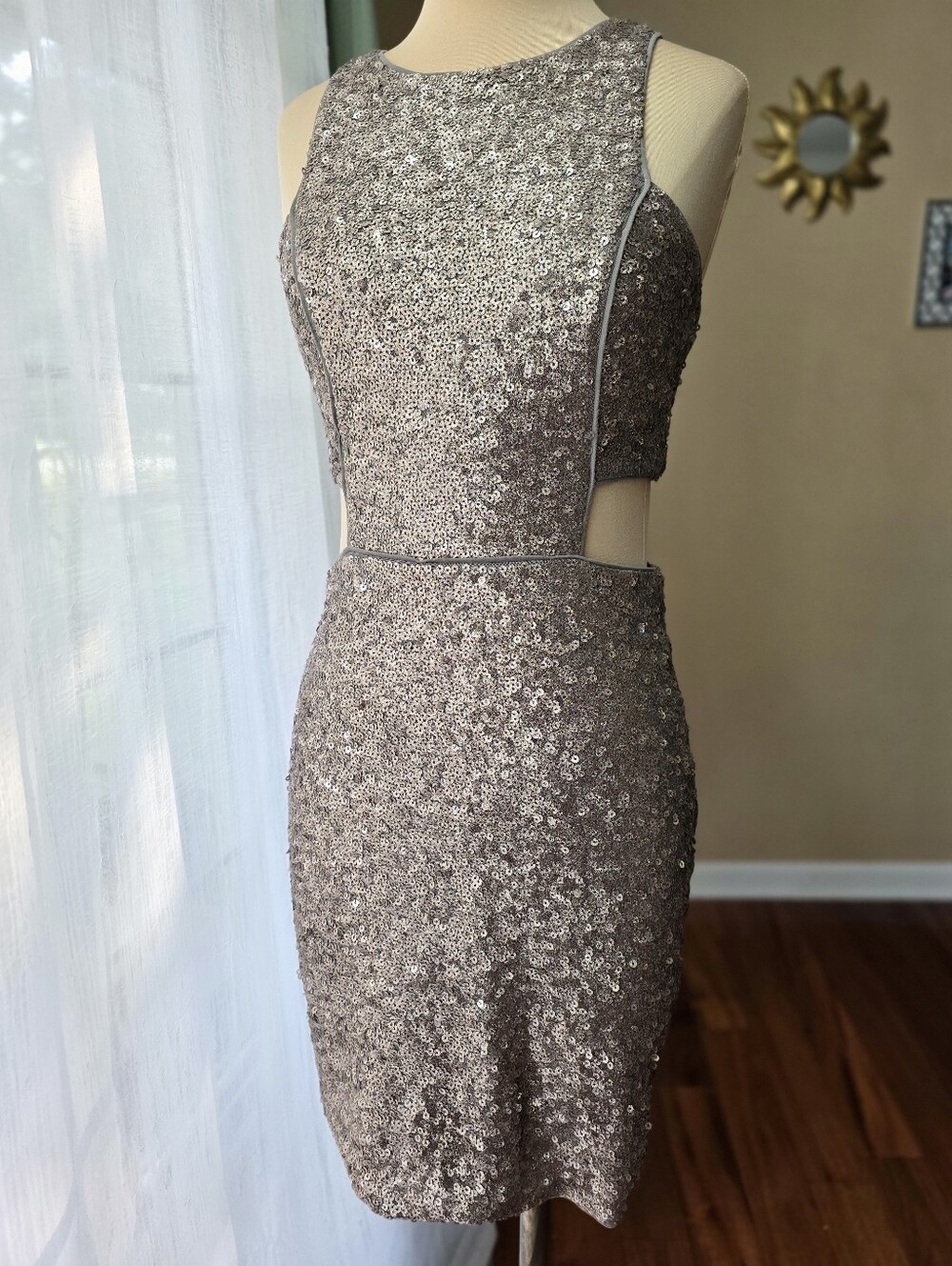Sequin Cutout Bodycon Mini Dress Metallic Taupe Party Cocktail Express Size 6